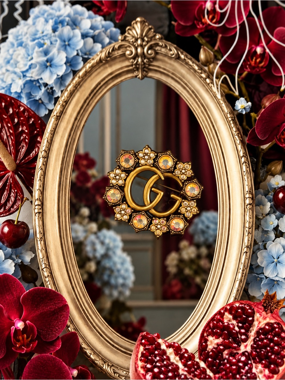 Jeweled Double-G Medallion Brooch ✨ Iridescent Crystal Statement Piece